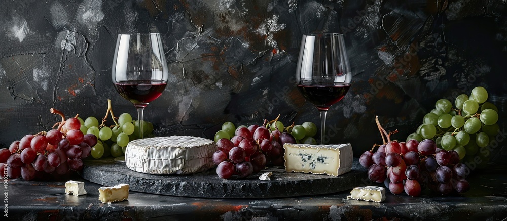 Poster a collection of wine glasses grapes and camembert cheese displayed on a grungy black backdrop with r
