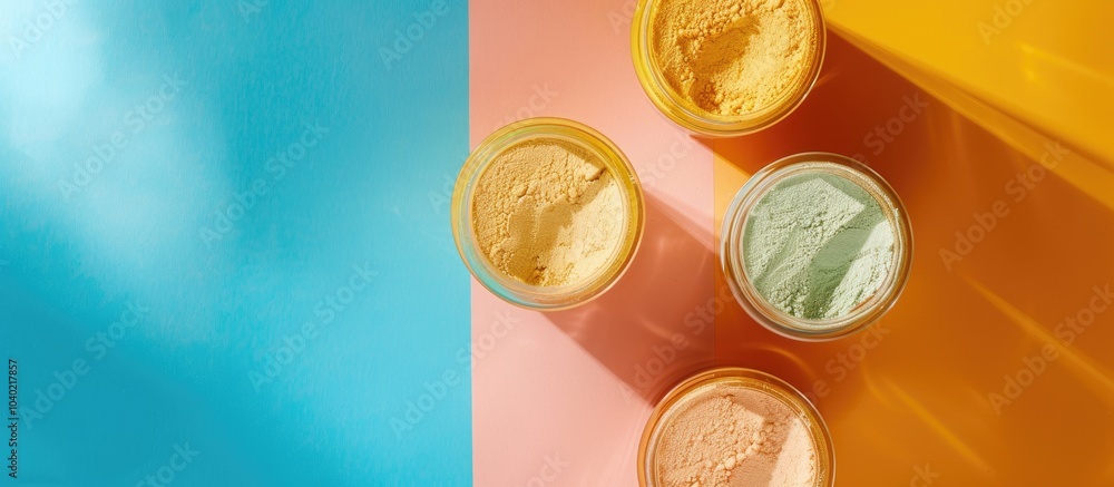 Aufkleber top view of jars containing protein powder on a colorful background creating a concept for sports nu