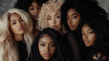 Fototapeta premium A diverse group of seven women showcasing various hairstyles in a studio setting during a modern fashion shoot