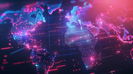 A computer generated map of the world with a purple and blue color scheme