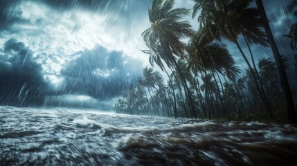 Dramatic Landscape of Hurricane with Strong Winds and Dark Clouds over the Ocean Creating a Powerful Scene