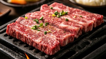 Fototapeta premium Wagyu beef cooking on a flat iron grill, showcasing the sizzling fat