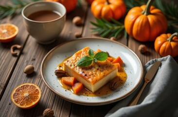 Cheesecake, thanksgiving dessert table layout with hot drink, pumpkins, oranges and nutmeg