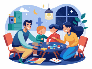 Family enjoying a creative art activity at home during the evening around a table with colorful supplies