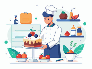 A chef decorates a cake in a bright kitchen filled with fruits and baking supplies during a lively afternoon
