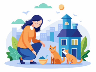 A woman kneeling beside two cats outdoors in a colorful neighborhood during a sunny day