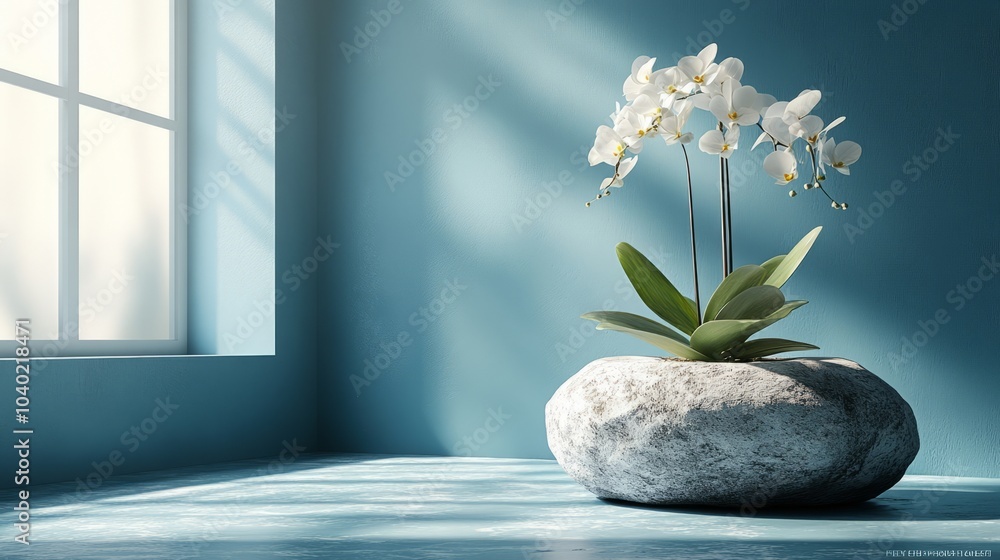 Aufkleber a serene display of white orchids in a minimalist setting with soft blue tones.
