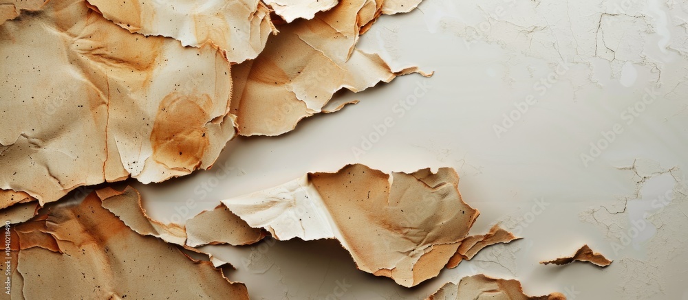 Poster tattered and scorched cardboard paper fragments on a beige white backdrop creating an artistic copy 