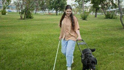 Positive visually challenged girl with cane walking on grass with black labrador on summer day