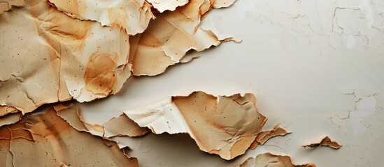 Tattered and scorched cardboard paper fragments on a beige white backdrop creating an artistic copy space image
