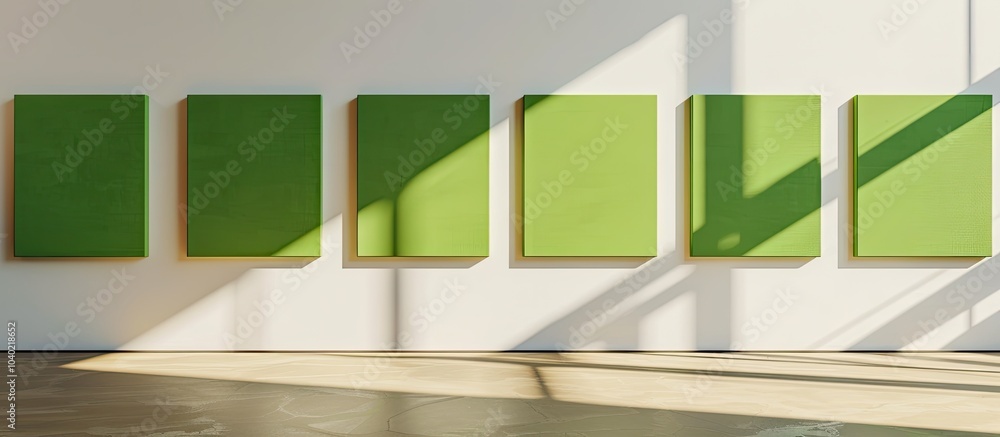 Poster contemporary gallery display featuring five green screen canvas art pieces in a row with minimalist 