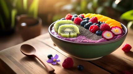 A close up of a vibrant acai bowl topped with fresh berries, kiwi slices, chia seeds, and edible flowers, set on a rustic wooden table with a spoon drizzled in honey beside it, bathed in soft morning