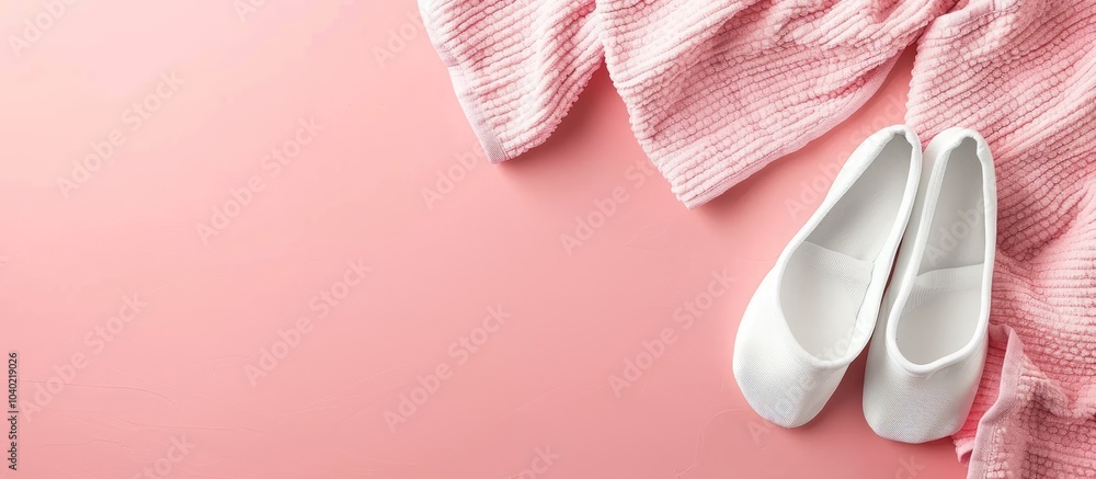 Poster top view of white slippers and pajamas on a pink background with space for text or images. copy spac