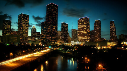 The vibrant lights of towering skyscrapers illuminate the night sky, casting reflections on the river below