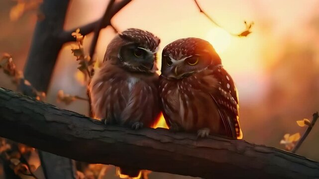 Video recreation of two cute owls curled up in a tree at sunset	
