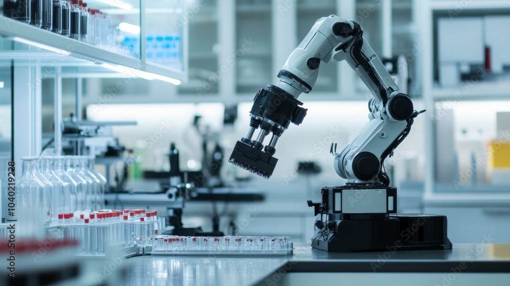 Poster A robot performing automated quality checks in a modern biotechnology lab with clean, organized testing stations and advanced quality control systems, Biotechnology tech style