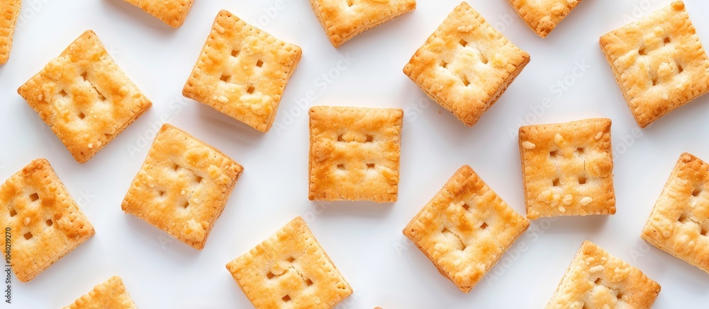 Poster flat lay of square biscuits in sour cream and onion flavor on white background with copy space image