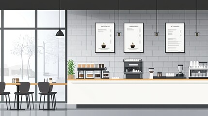 Contemporary coffee shop interior with minimalist decor and space for text