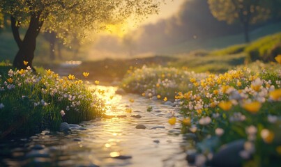Tranquil Stream in Spring Meadow at Sunrise