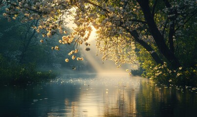 Obraz premium Peaceful sunrise over tranquil blossoming river scene