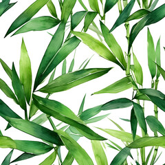 Seamless watercolor pattern of bamboo leaves and branches arranged in a natural way.