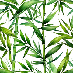 Seamless watercolor pattern of bamboo leaves and branches arranged in a natural way.