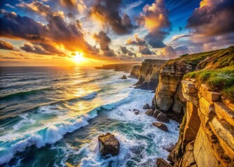 Fototapeta premium Rocky Coastal Cliffs at Sunrise - Rugged Landscape and Ocean View for Natural Beauty Wallpaper