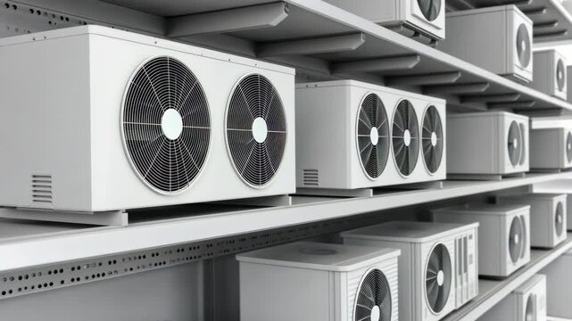 A row of air conditioning units sit on a shelf in a warehouse