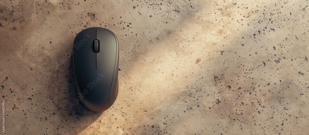 Poster top down view of a wireless mouse placed on a light textured table with available space for text in 