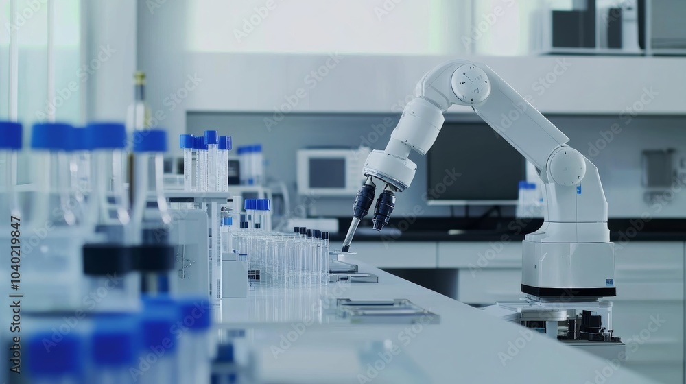 Poster A robot performing automated quality checks in a modern biotechnology lab with clean, organized testing stations and advanced quality control systems, Biotechnology tech style
