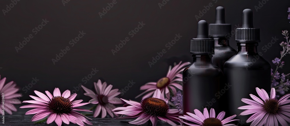 Poster three dark bottles of essential oil with purple echinacea and space for text alongside. copy space i