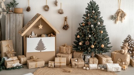 Obraz premium Christmas decoration with ecological gifts next to a tree