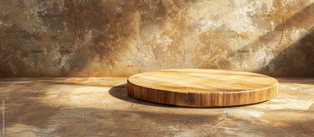 Poster side viewed round wooden cutting board placed on a brown concrete surface with room for text or othe