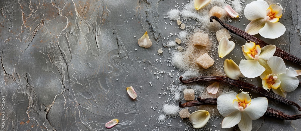 Poster close up shot of vanilla pods sugar flowers and petals arranged on a textured gray table suitable fo