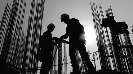 Workers at a construction site pouring concrete into formwork for beams