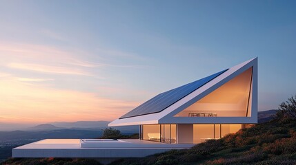 Modern Minimalist Home with Solar Panels at Sunset
