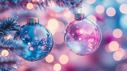 Fototapeta premium Transparent Christmas Baubles in Pink and Blue with Bokeh Lights