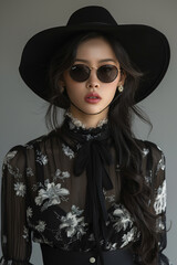 A striking portrait of a model wearing a black lace dress and round sunglasses, exuding confidence and mystery in an elegant setting.