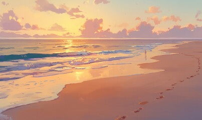 Fototapeta premium Tranquil Beach Sunset with Reflection and Footprints