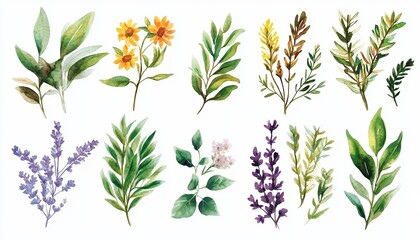 Herbal Bliss A Sticker Set with Variety of Herbs Illustrated on White Background