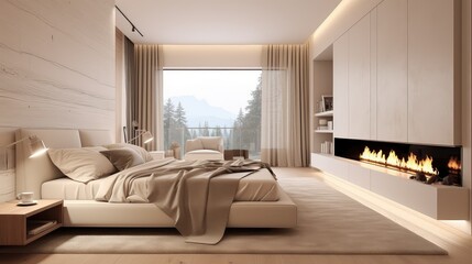 Fototapeta premium Minimalist interior design of modern bedroom with beige stucco wall