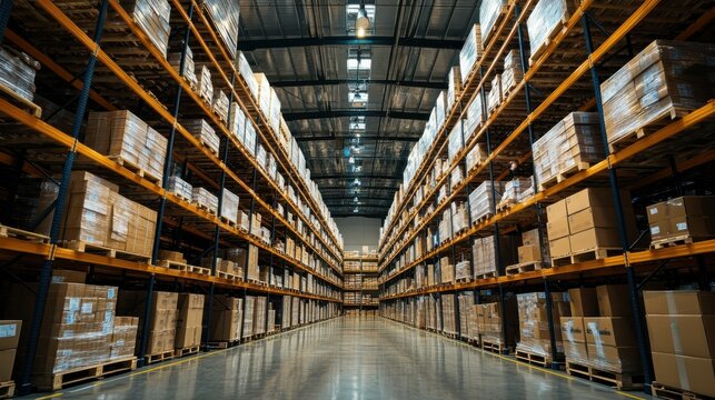 Rows of fully stocked warehouse shelves with open floor space, showcasing efficient warehouse management, with clear copy space at the top of the image for text or graphics