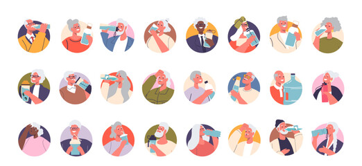 Set of Round Icons or Avatars of Diverse Elderly People Enjoying Refreshing Drinks and Water Throughout The Day