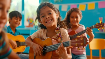 A group of children are playing guitars in a classroom