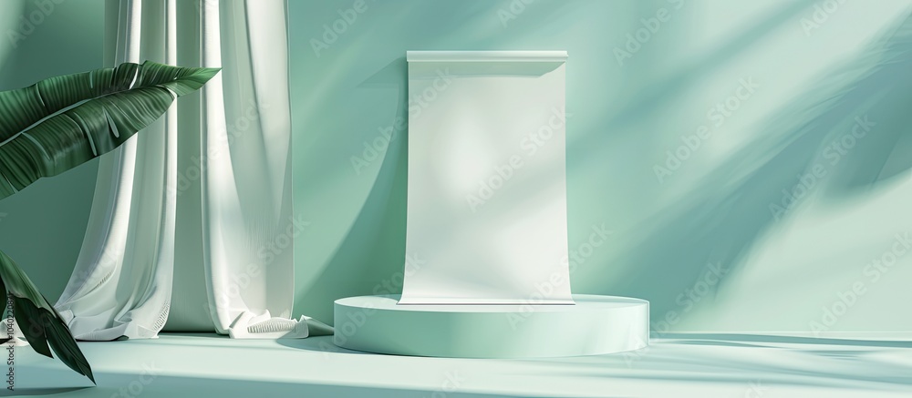 Canvas Prints product presentation on podium with paper shadows on light green backdrop with copy space image