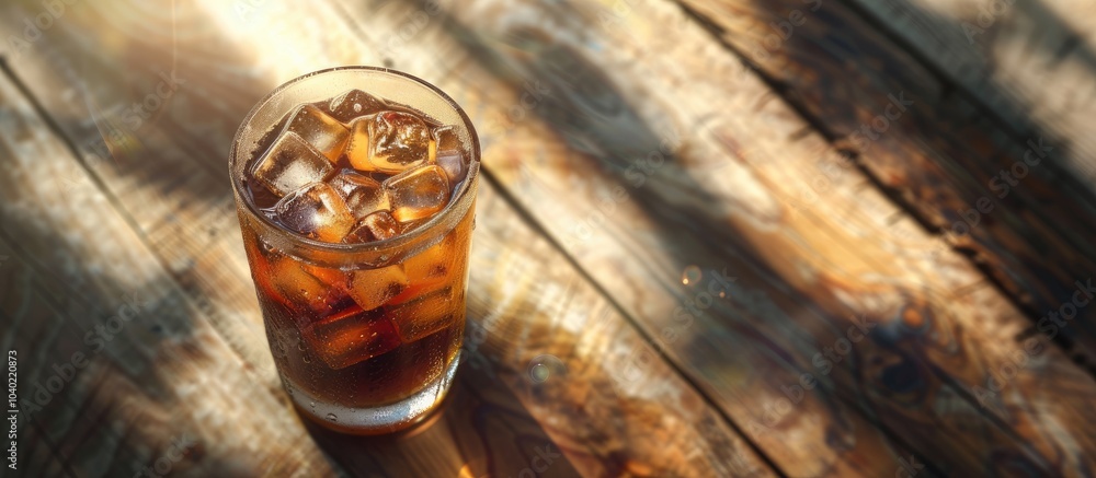 Poster close up of a refreshing iced black coffee or americano in a cup on a wooden surface with room for t