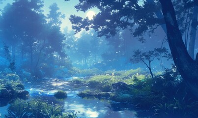 Obraz premium Tranquil Forest Stream Under Moonlight