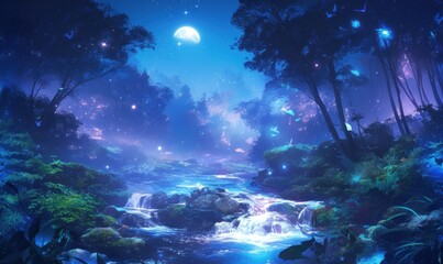 Obraz premium Enchanted Night Forest with Glowing River