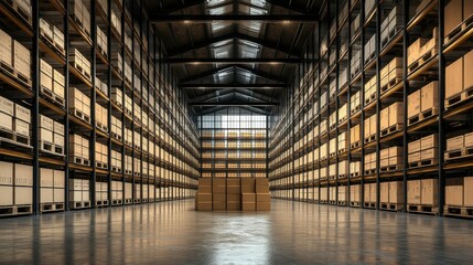 A logistics team having a meeting in the center of a warehouse, surrounded by stacked crates, with blank copy space along the shelves and floor for customization