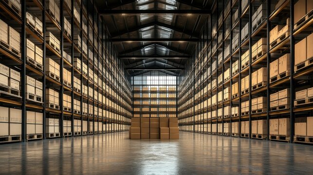 A logistics team having a meeting in the center of a warehouse, surrounded by stacked crates, with blank copy space along the shelves and floor for customization